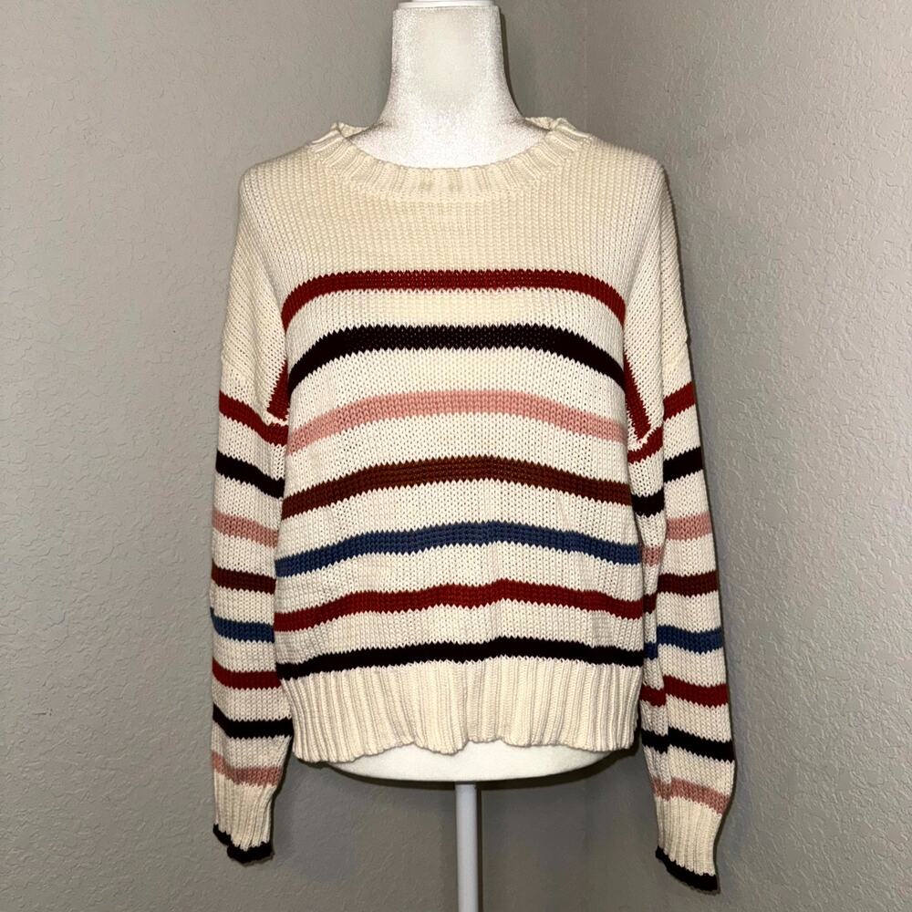 Evereve Sweater Women's Medium Cream Multi Striped Knitted Crewneck Pullover